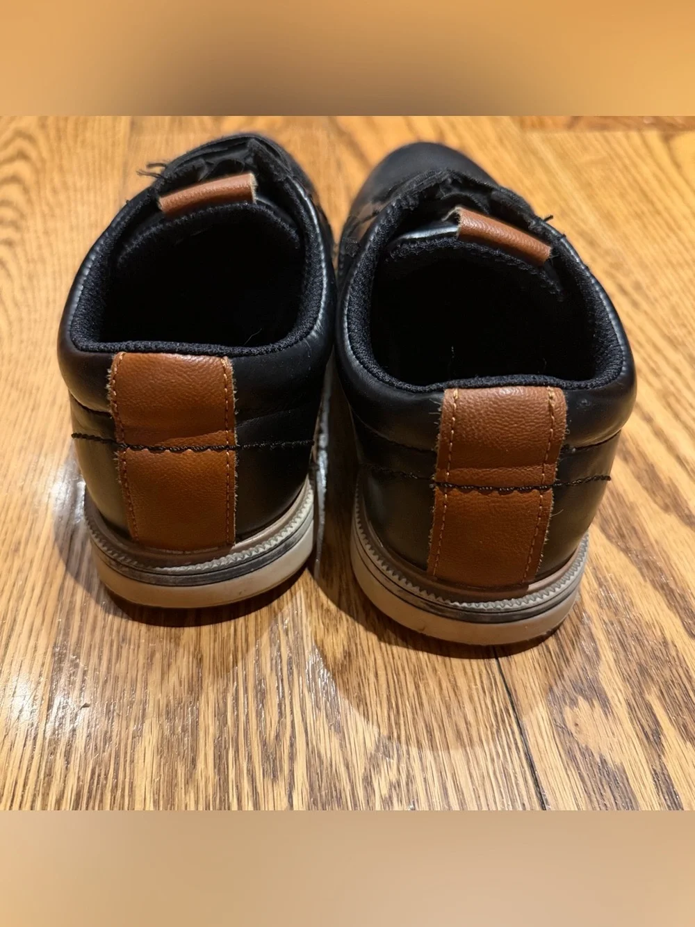 Boys Black Leather Laced Slip On Dress Shoes with Tan Accent size 1M